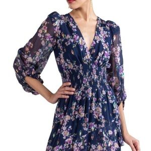 Shoshanna Midnight Pamela High-Low Floral with Bishop Sleeves